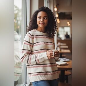 CROFT & BARROW CREAM PINK & BROWN STRIPED SWEATER – SIZE XL (16–18)